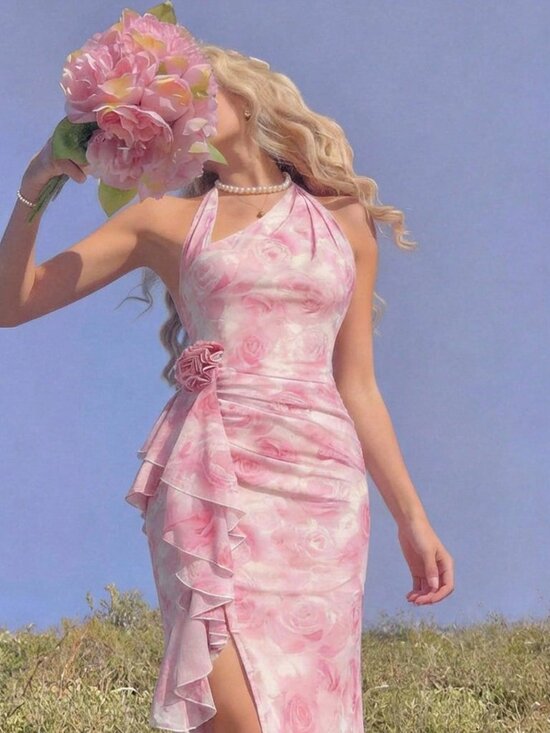 Dresses & Skirts - Pink Elegant Women's Halter Neck Dress with Floral Print Asymmetric High Slit